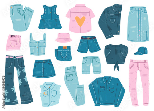 Denim clothes. Blue jean garments, denim shirt, jacket, shorts and jeans pants, denim casual clothes. Trendy denim clothing vector illustrations. Outfit for woman or girl, basic wardrobe elements