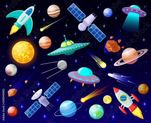 Cartoon open space. Planets, cosmic celestial bodies, rockets, spaceships and ufo, astronomy stars, spacecrafts vector illustration set. Fantastic rockets and unidentified flying object, galaxy