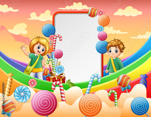 Kid and blank sign on rainbow illustration