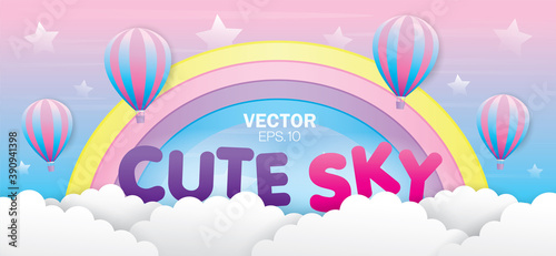 Cloud and rainbow with air balloon on cute pastel sky background.