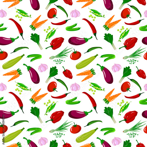 Pattern with different vegetables. Vector illustration isolated on white background. For cafes, restaurants and menus, fabrics and scrapbooking, farms and markets, packaging and decor. Fresh