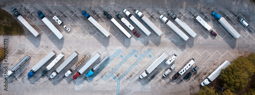 Truck stop on Rest area On the highway. Top view car parking lot. Truck Driver company. View from the bird's flight. Aerial photography. Copy space. photo