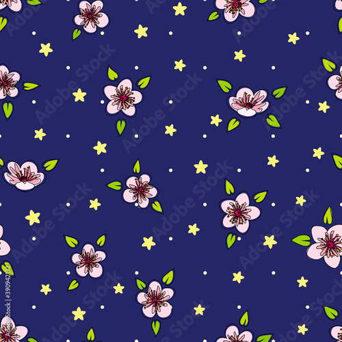 Handmade isolated vector cherry flowers with green leaves  black outline  dark blue background with golden stars and dots  seamless pattern