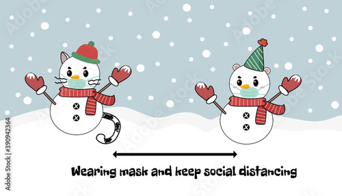 Flat vector illustration of Cute cartoon snowman’s wearing face mask and keep social distancing cosplay by cat and bear with winter costumes. New normal Merry Christmas and Happy New Year concept.