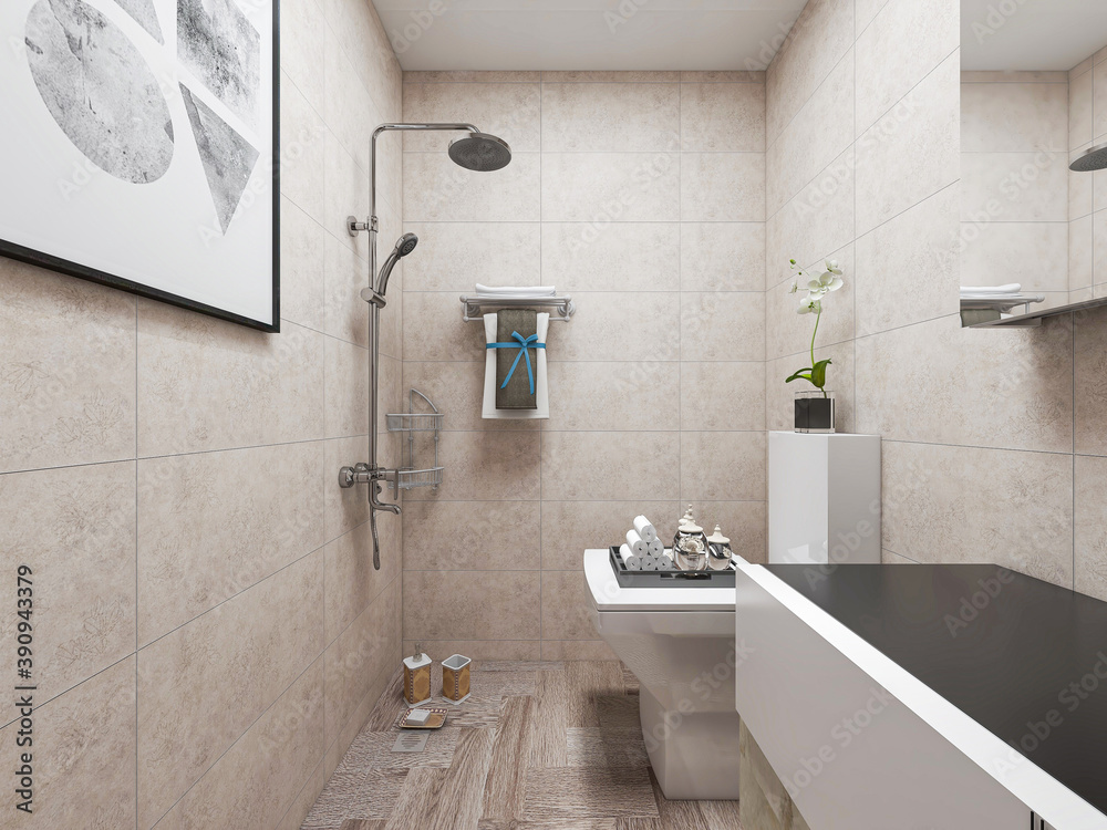 Clean modern residential bathroom and toilet design, which is equipped with washstand, toilet and shower equipment, etc Clean modern residential bathroom and toilet design, which is equipped with washstand, toilet and shower equipment, etc