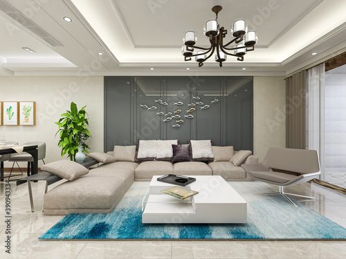 spacious living room design of modern residence, with sofa, tea table, decorative painting, etc