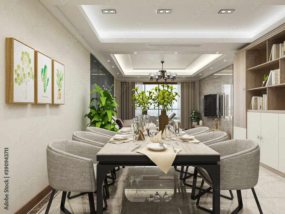 spacious dining room design next to the modern kitchen, with a beautiful dining table and greenery