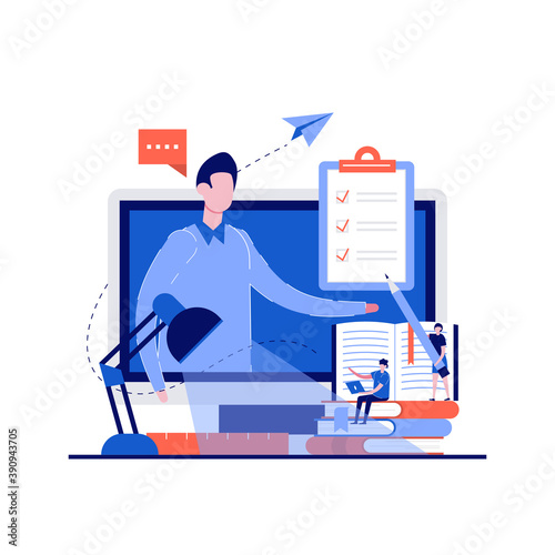 Online distance education concept with character. Online training courses, university studies, specialization. Modern flat style for landing page, mobile app, infographics, hero images