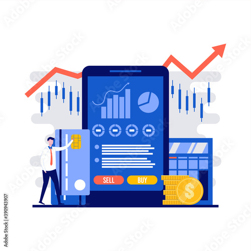 Stock exchange, trading concepts with character. Financial apps and services on computer and gadget screen. Modern flat style for landing page, mobile app, web banner, infographics, hero images