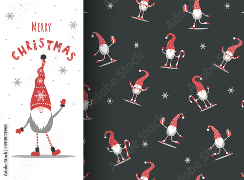 Christmas gnomes on seamless pattern. Greeting card with cute nordic elf in red hat. Vector illustration in cartoon style. New year design for wrapping paper, textiles, fabric.