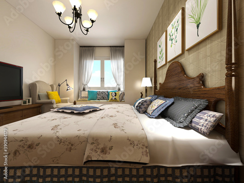  elegant and modern bedroom design, big bed with overcoat cabinet, coffee table, TV, carpet, etc., very comfortable and leisure.