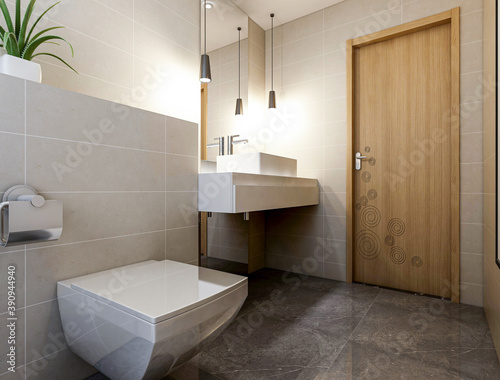 modern residential clean bathroom design  with washbasins  mirrors  toilets  shower equipment and bathtubs