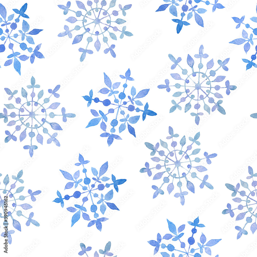 Watercolor hand drawn seamless pattern with blue elegant snowflakes for Christmas new year design wrapping paper textile. Electric blue snow frost pastel invitation celebration. Winter background. Watercolor hand drawn seamless pattern with blue elegant snowflakes for Christmas new year design wrapping paper textile. Electric blue snow frost pastel invitation celebration. Winter background.