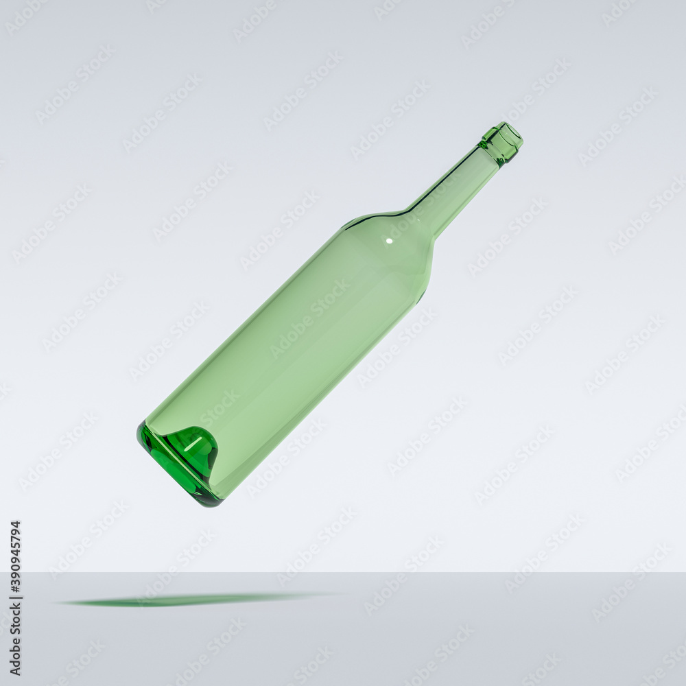 Abstract Image of Green Glass Wine Bottle, Floating, Flying, Suspended In Mid Air, Isolated Against White. Created in 3d Software. 3D Render. Abstract Image of Green Glass Wine Bottle, Floating, Flying, Suspended In Mid Air, Isolated Against White. Created in 3d Software. 3D Render.