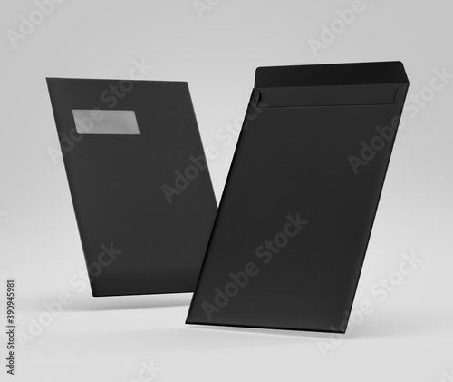 Realistic Black Envelope C4/A4 mockup, Dark letter paper, c4 a4 c3 a3 template 3d Rendering isolated on light gray background photo