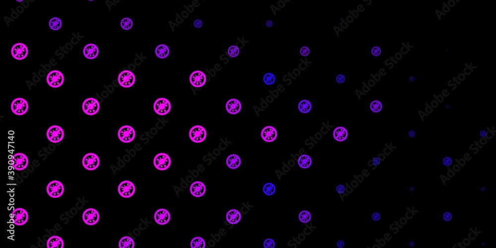 Dark Purple vector background with covid-19 symbols.
