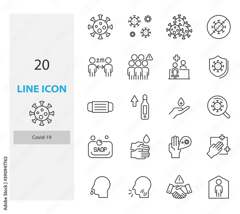 set of covid-2019 thin line icons, coronavirus, virus