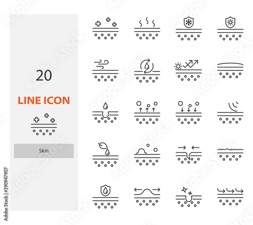 set of skin thin line icons, skincare, epidermis, moisture
