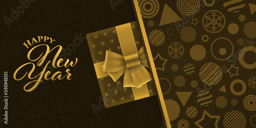 Gold Colored New Year Banner with Gift Box