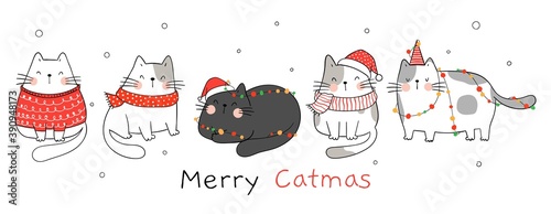 Draw banner cats with Christmas light.For winter and New year.
