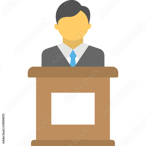 
A person standing on a rostrum delivering speech, public speaking 
