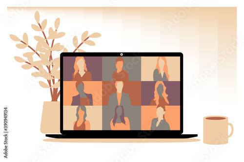 VIDEO CALL conference people talking about the news and global events. Stream friends. Chatting from home. Vector illustration. 