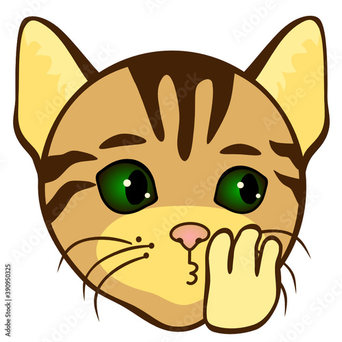 emoji spreading rumors by whispering to someone's ear, funny cartoon character with simplistic facial expression, simple hand drawn cat emoticon, vector illustration