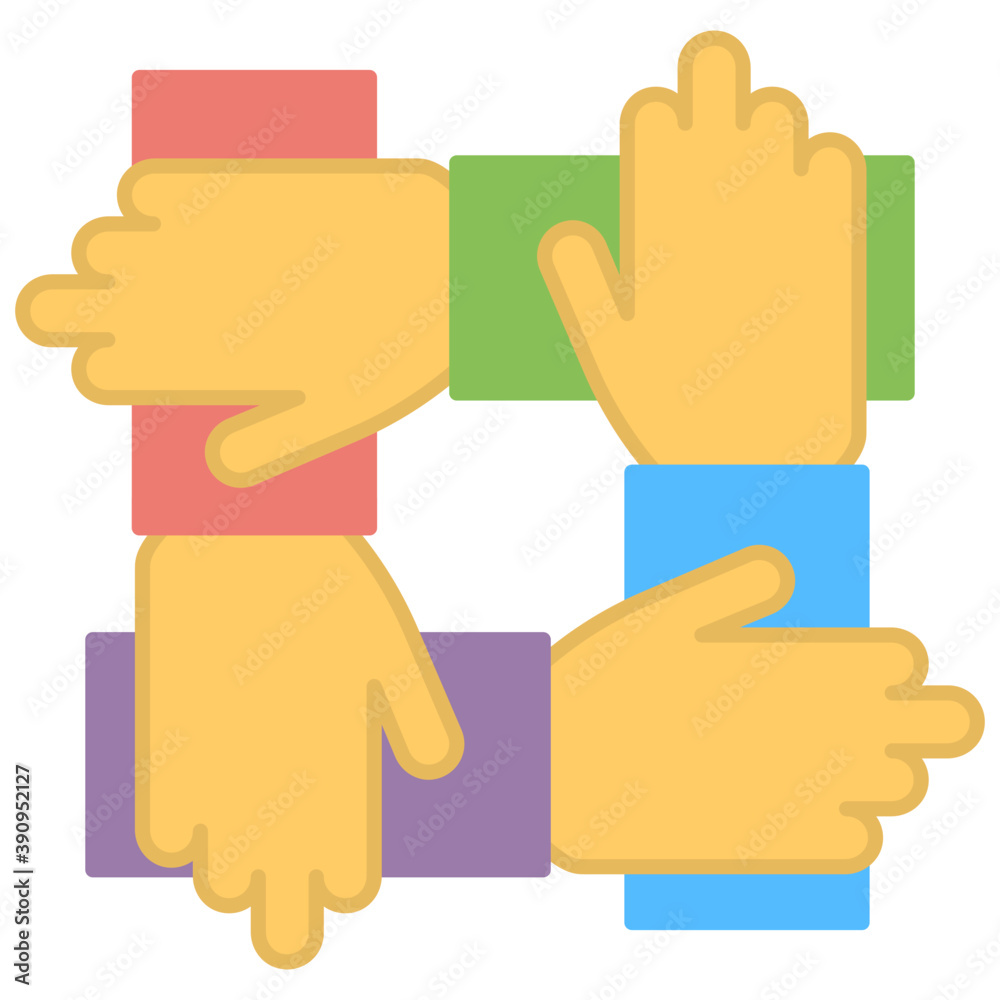 Obraz premium Hands interlocking with each other, symbolic teamwork hands connection, flat vector icon 
