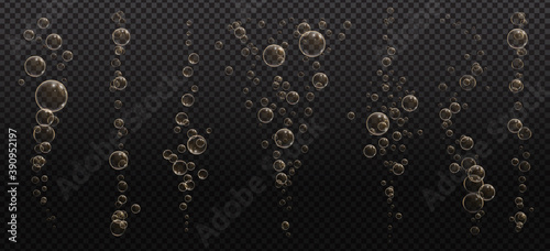 Gold fizzy bubbles. Sparkles champagne. Fizzy pop and effervescent drink. Abstract fresh soda and air bubbles, oxygen, champagne crystal. Vector illustration on black transparent background.