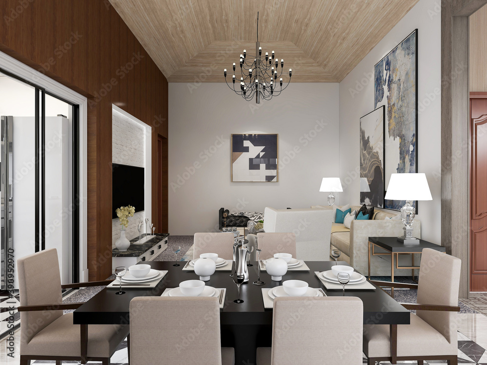 Fototapeta premium spacious dining room design next to the modern kitchen, with a beautiful dining table and greenery