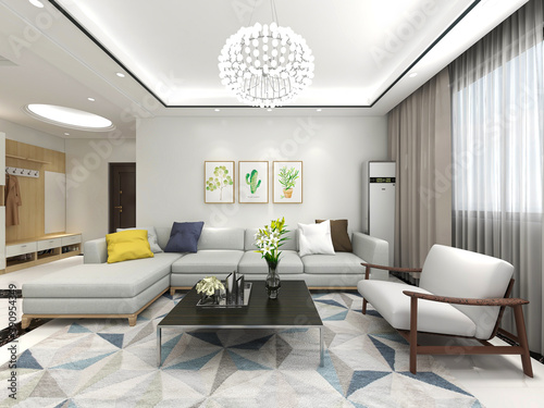  spacious living room design of modern residence  with sofa  tea table  decorative painting  etc