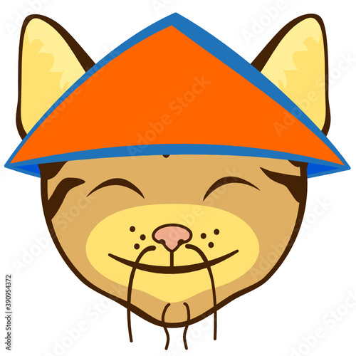 emoji with a stereotypical chinese cat wearing an asian conical straw hat, funny cartoon character with simplistic facial expression, simple hand drawn emoticon