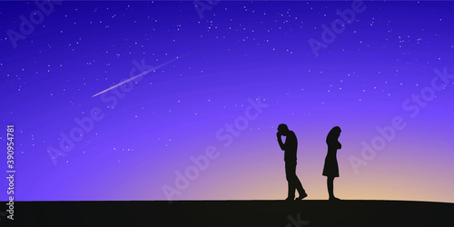 Silhouettes of couple man and woman broken heart. Night sky and stars as background. Love concept. Vector illustration.