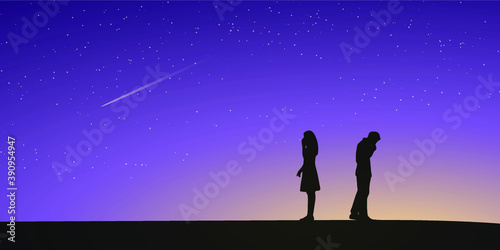 Silhouettes of couple man and woman broken heart. Night sky and stars as background. Love concept. Vector illustration.