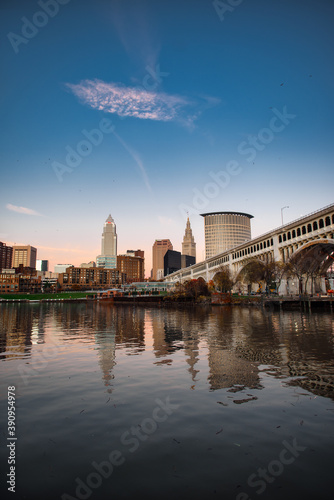Cleveland ohio skyline at sunset on the river