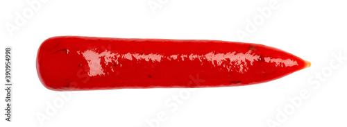 Drop of barbecue sauce or ketchup isolated on white background, top view, close up.