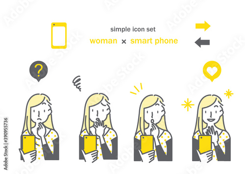 スマホを操作する若い女性のシンプルアイコンセット　黄色　グレー　二色