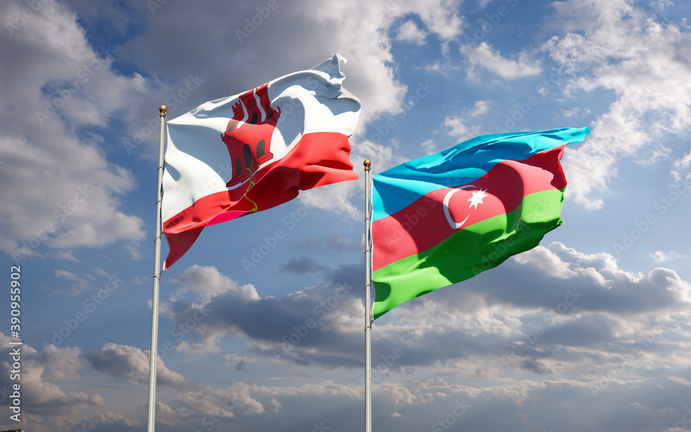 Beautiful national state flags of Gibraltar and Azerbaijan together at the sky background. 3D artwork concept. Beautiful national state flags of Gibraltar and Azerbaijan together at the sky background. 3D artwork concept.