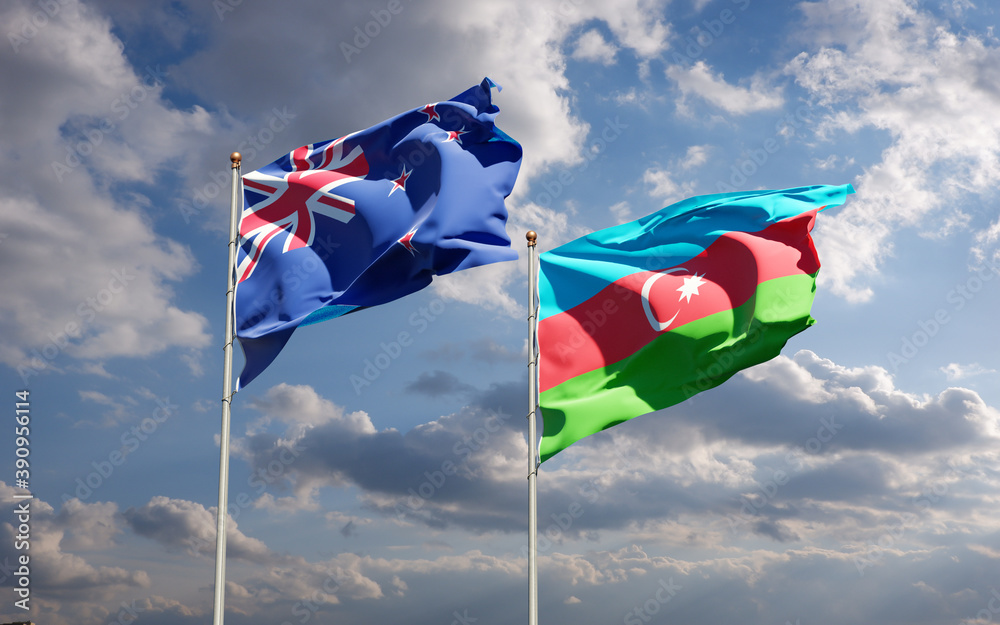 Beautiful national state flags of New Zealand and Azerbaijan together at the sky background. 3D artwork concept. Beautiful national state flags of New Zealand and Azerbaijan together at the sky background. 3D artwork concept.