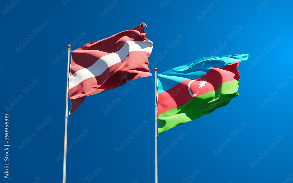 Beautiful national state flags of Latvia and Azerbaijan together at the sky background. 3D artwork concept. Beautiful national state flags of Latvia and Azerbaijan together at the sky background. 3D artwork concept.