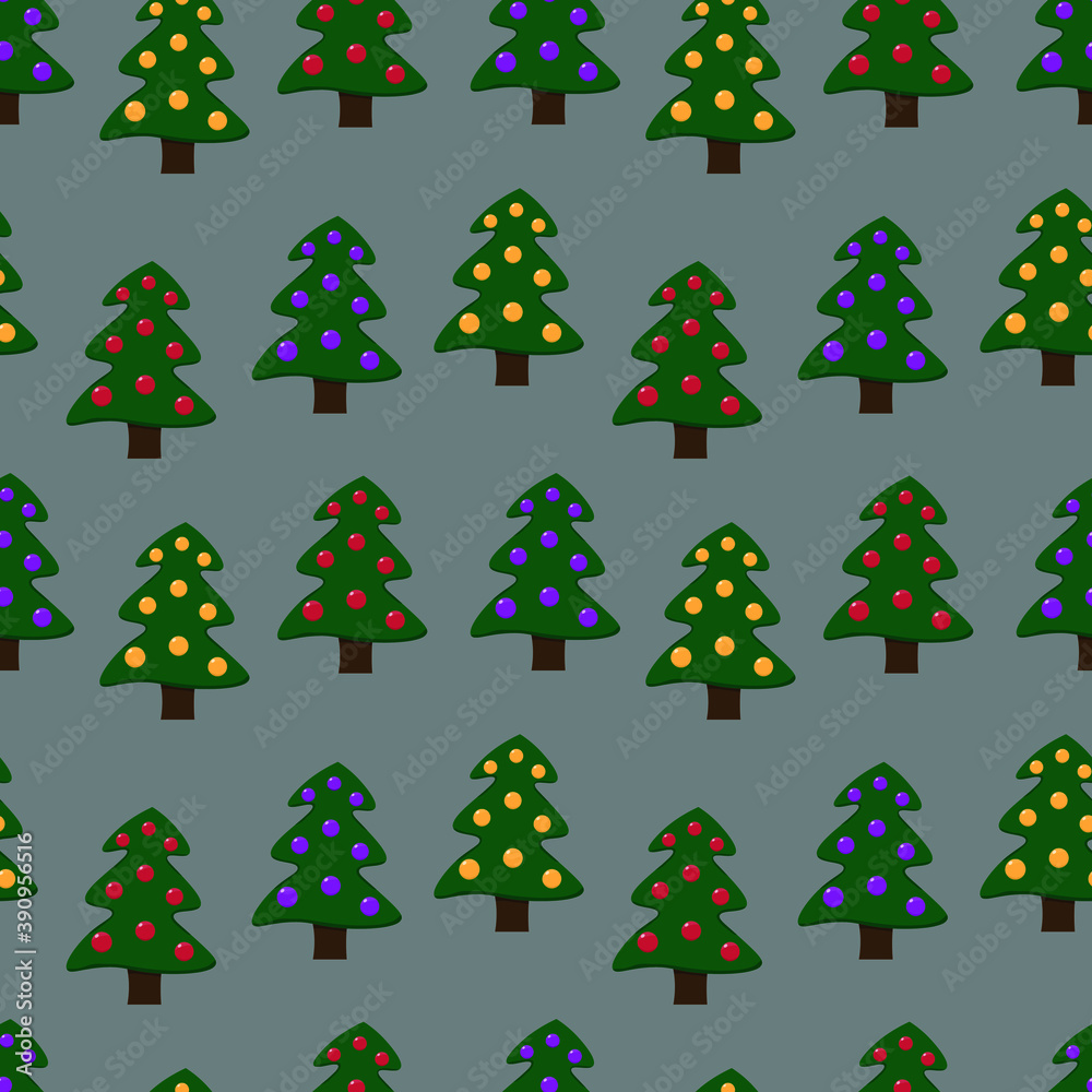 vector New Year seamless pattern with decorated Christmas trees on a gray background