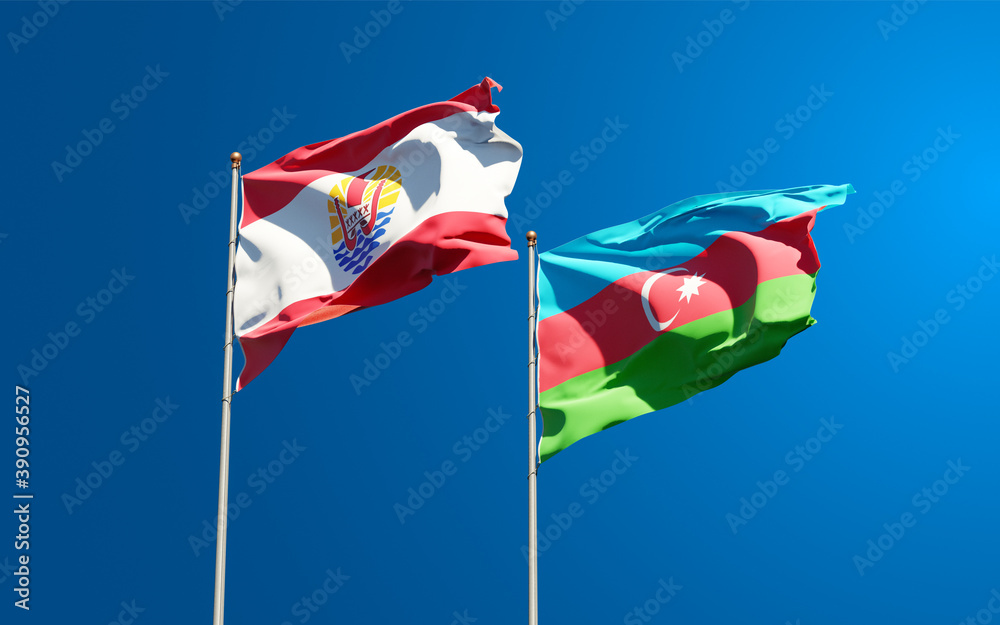 Beautiful national state flags of French Polynesia and Azerbaijan together at the sky background. 3D artwork concept.. Beautiful national state flags of French Polynesia and Azerbaijan together at the sky background. 3D artwork concept..