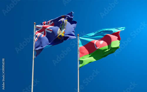 Beautiful national state flags of South Georgia and the South Sandwich Islands and Azerbaijan together at the sky background. 3D artwork concept..