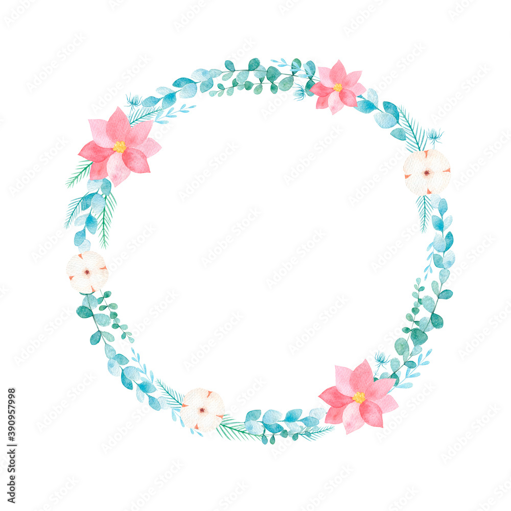Christmas wreath watercolor hand painted isolated on white background. Perfect for Christmas greeting cards, invitations, design. Winter leaves and flowers. Eucalyptus, cotton, poinsettia.
