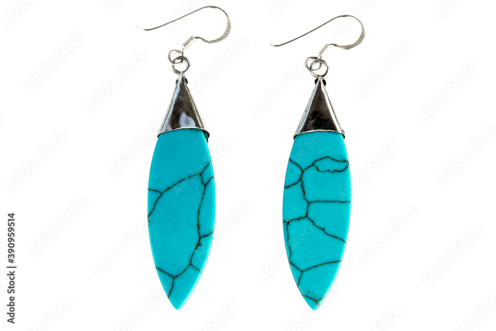 Turquoise earring and silver isolated on white background. Turquoise stone and silver earrings with leaf shape isolated - obrazy, fototapety, plakaty 