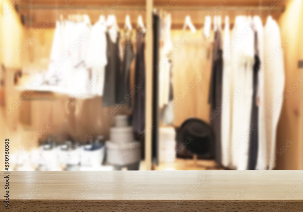 Wood table top in a dressing room, interior of a modern house. - For product display and advertising and promotional purposes.