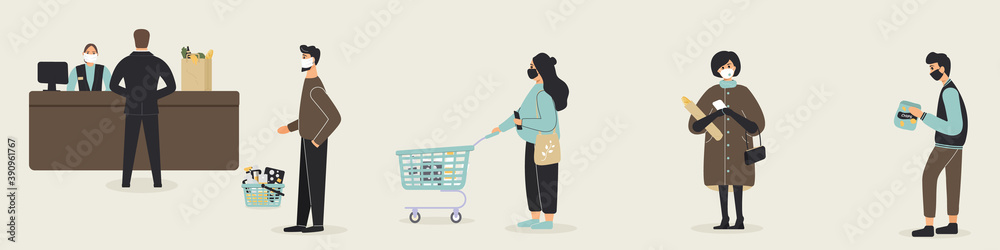 Grocery store during epidemic of virus.Cashier in protective medical mask is behind cash register serves customers who are waiting in line at a safe distance.Teller's workplace in supermarket.Raster Grocery store during epidemic of virus.Cashier in protective medical mask is behind cash register serves customers who are waiting in line at a safe distance.Teller's workplace in supermarket.Raster
