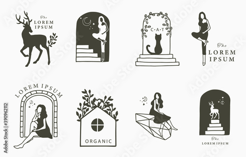 Beauty occult collection with woman,deer,cat,flower,house.Vector illustration for icon,sticker,printable and tattoo