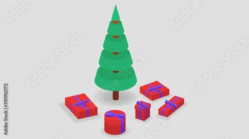 Isometric illustration with christmas tree and gift boxes.