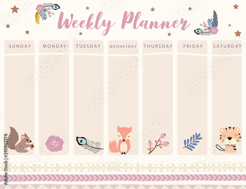 Woodland calendar planner with fox, feather, flower,tiger.Can use for printable,scrapbook,diary